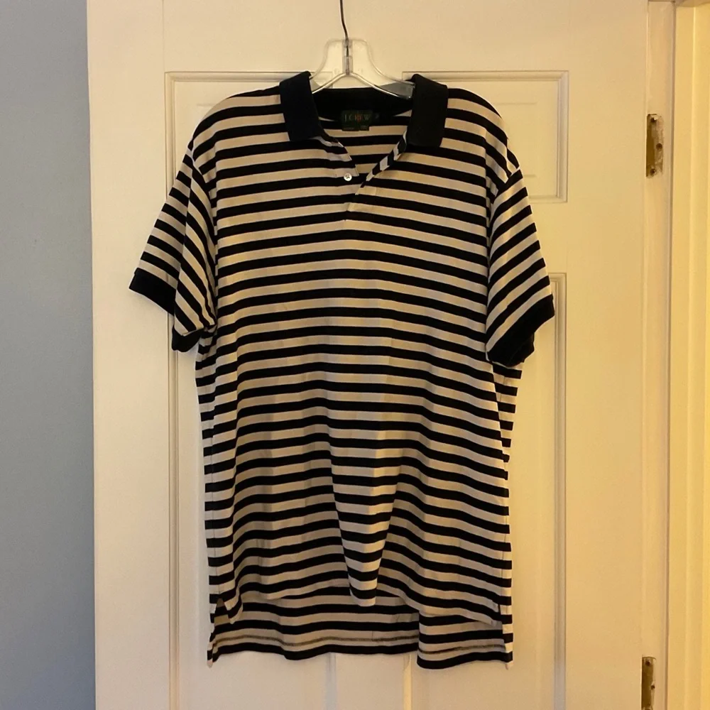 J.Crew Men’s Polo Shirt Navy Blue Cream Stripe Short Sleeve Size L Nautical Prep
